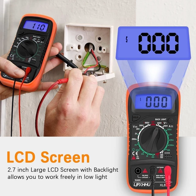 Alt view image 10 of 14 - Digital Multimeter Voltmeter Battery Voltage Multi Tester Continuity Ohm Volt Amp DC AC Current Resistance Diodes 2000 Counts Electrical Test Meter with Leads Backlight LCD Display