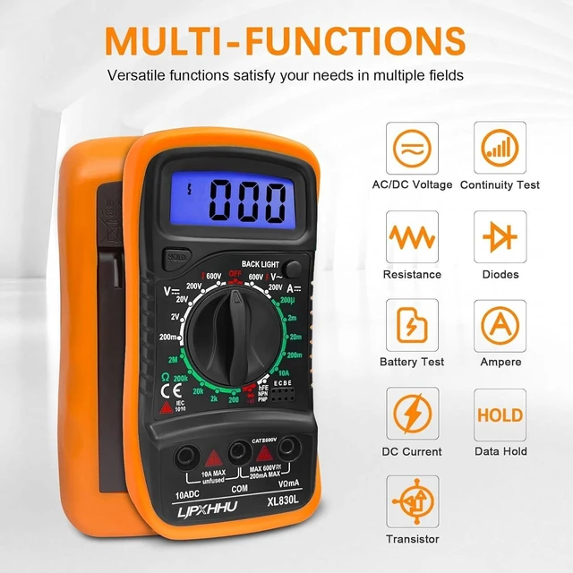 Alt view image 9 of 14 - Digital Multimeter Voltmeter Battery Voltage Multi Tester Continuity Ohm Volt Amp DC AC Current Resistance Diodes 2000 Counts Electrical Test Meter with Leads Backlight LCD Display