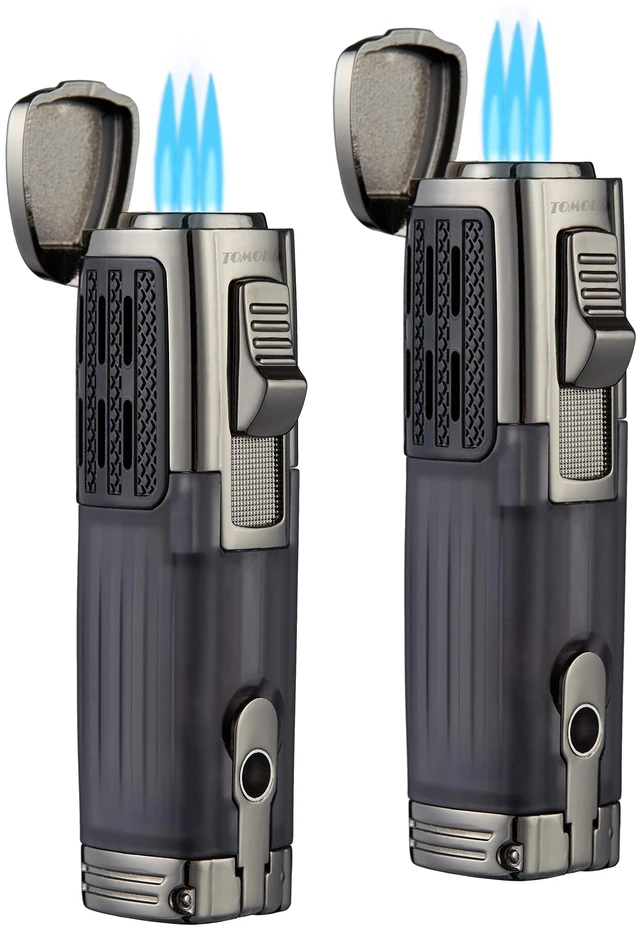 Alt view image 7 of 12 - Cigar Lighter Triple Jet Flame Torch Lighter Refillable Butane Lighter with Cigar Punch, 2 Pack, Charcoal