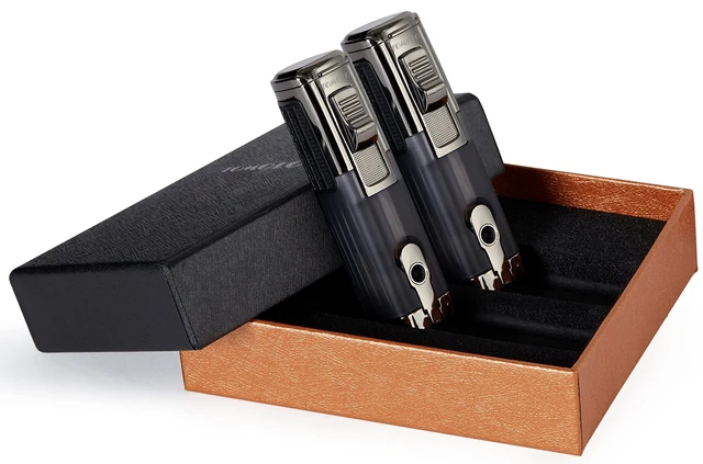 Alt view image 12 of 12 - Cigar Lighter Triple Jet Flame Torch Lighter Refillable Butane Lighter with Cigar Punch, 2 Pack, Charcoal