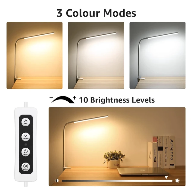 Alt view image 10 of 14 - Small Desk Lamp with Clamp, LED Reading Lamps with 450LM, 3 Color Modes 10 Brightness, Dimmable USB Clip on Desk Light with Gooseneck Swing Arm for Nail, Home Office and Dorm (White)