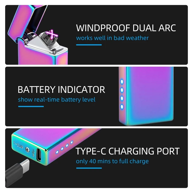 Alt view image 10 of 14 - Electric Lighter USB Rechargeable Plasma Lighter Cute Pocket Lighter Women Windproof Dual Arc, Battery Indicator, Christmas Stocking Stuffers,Pretty Birthday Gifts for Women Friends Wife (Multichrome)