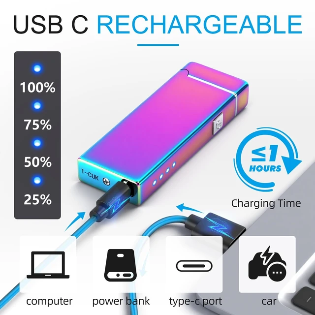 Alt view image 9 of 14 - Electric Lighter USB Rechargeable Plasma Lighter Cute Pocket Lighter Women Windproof Dual Arc, Battery Indicator, Christmas Stocking Stuffers,Pretty Birthday Gifts for Women Friends Wife (Multichrome)