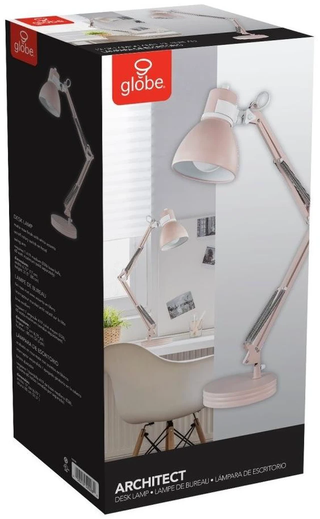 Alt view image 12 of 12 - 52028 28" Swing Arm Architect Desk Lamp, Matte Rose Finish, White Accents, Rotary Switch on Shade, Partially Adjustable Arm, Modern Lighting for Bedroom or Office, E26 Base