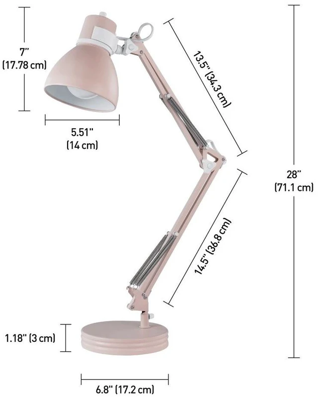 Alt view image 9 of 12 - 52028 28" Swing Arm Architect Desk Lamp, Matte Rose Finish, White Accents, Rotary Switch on Shade, Partially Adjustable Arm, Modern Lighting for Bedroom or Office, E26 Base