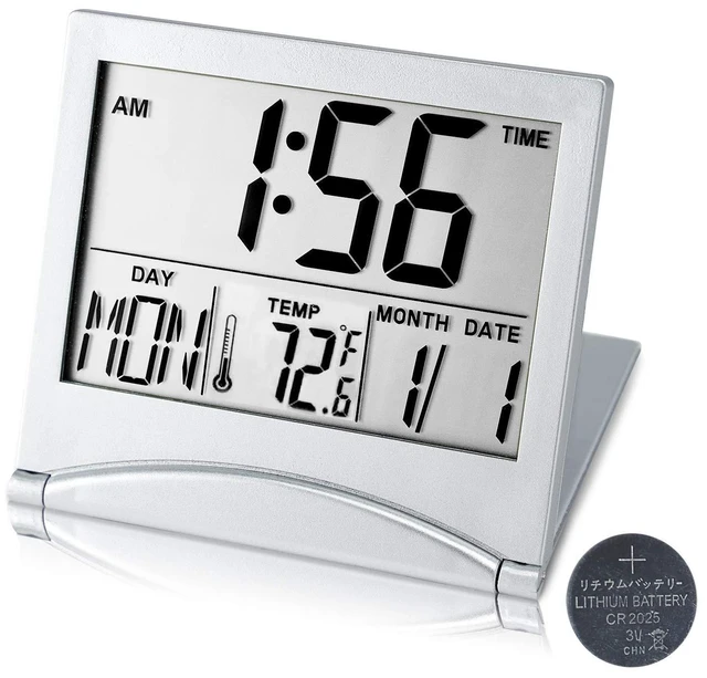 Alt view image 7 of 12 - Digital Travel Alarm Clock Battery Operated, Portable Large Number Display Alarm Clock with Temperature,12/24 H Small Desk Clock -Silver (NO Light)