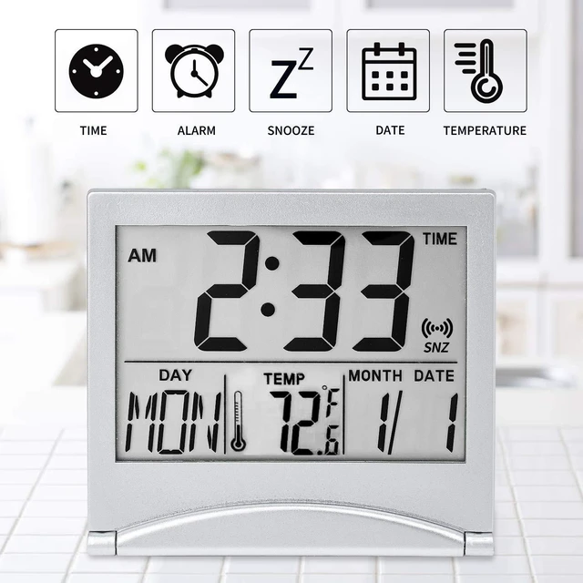 Alt view image 8 of 12 - Digital Travel Alarm Clock Battery Operated, Portable Large Number Display Alarm Clock with Temperature,12/24 H Small Desk Clock -Silver (NO Light)
