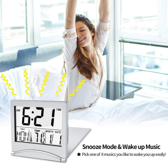 Alt view image 9 of 12 - Digital Travel Alarm Clock Battery Operated, Portable Large Number Display Alarm Clock with Temperature,12/24 H Small Desk Clock -Silver (NO Light)