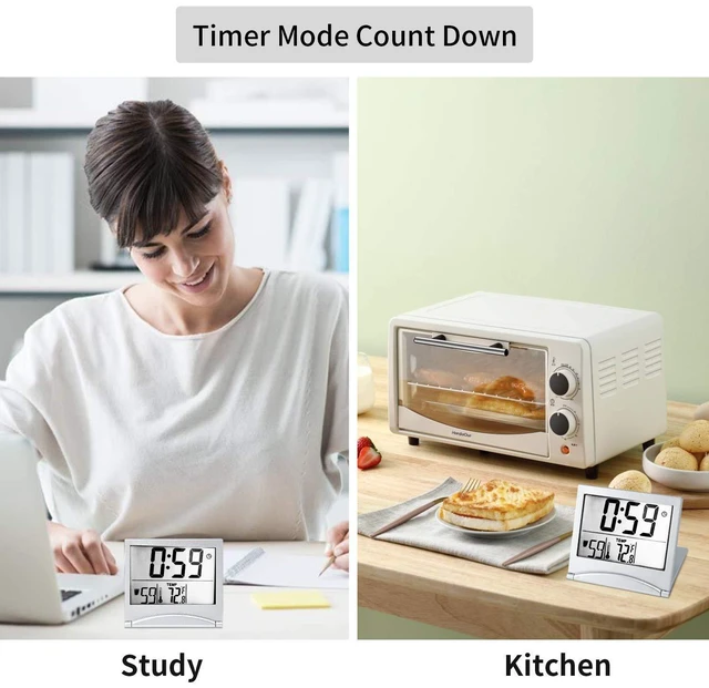 Alt view image 10 of 12 - Digital Travel Alarm Clock Battery Operated, Portable Large Number Display Alarm Clock with Temperature,12/24 H Small Desk Clock -Silver (NO Light)