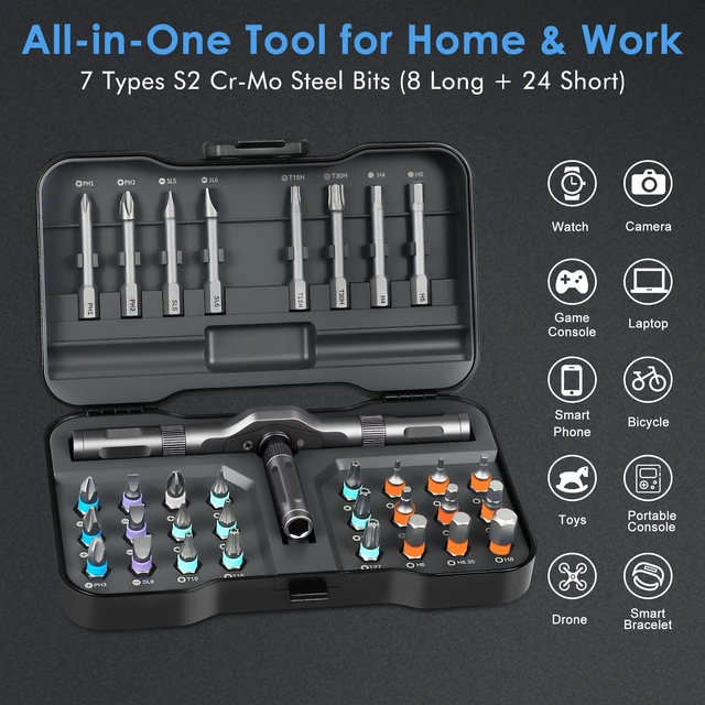 Alt view image 12 of 14 - 34 in 1 Magnetic Screwdriver Set, Ratcheting Multi Bit Repair Tool Kit with Interchangeable Bits, Precision Hand Tools for Electronics, Computer, Bike, Furniture & DIY Projects