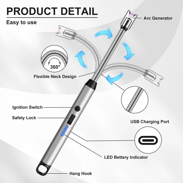 Alt view image 9 of 14 - Candle Lighters Long Stem 3 Pcs Electric Lighter Rechargeable Long Matches | Flexible Neck,Windproof Flameless Arc,Safety Lock,Battery Indicator,Long Lighters for Grill,Stove,Candle(Black,Silver,Pink)