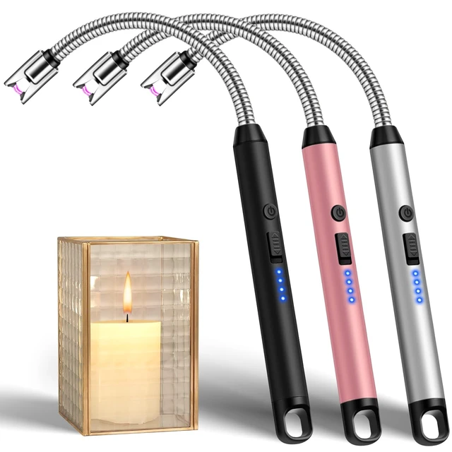 Alt view image 8 of 14 - Candle Lighters Long Stem 3 Pcs Electric Lighter Rechargeable Long Matches | Flexible Neck,Windproof Flameless Arc,Safety Lock,Battery Indicator,Long Lighters for Grill,Stove,Candle(Black,Silver,Pink)