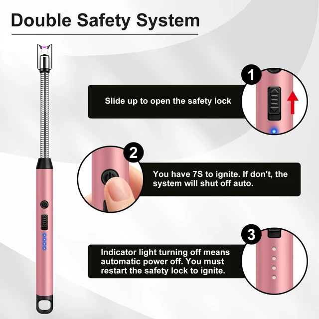 Alt view image 12 of 14 - Candle Lighters Long Stem 3 Pcs Electric Lighter Rechargeable Long Matches | Flexible Neck,Windproof Flameless Arc,Safety Lock,Battery Indicator,Long Lighters for Grill,Stove,Candle(Black,Silver,Pink)