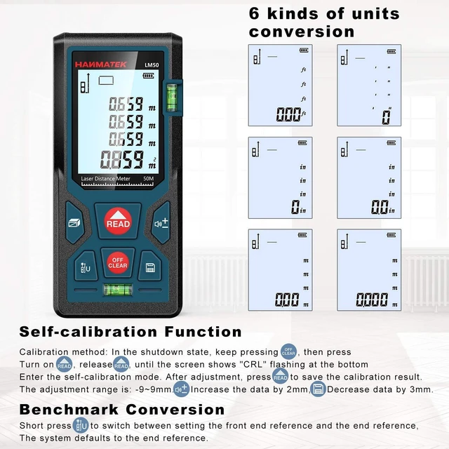 Alt view image 10 of 14 - 165ft/50m Laser Measure Ft/in/M Switching LM50 Laser Measurement Tool Devices with 2 Bubble Levels Distance Meter,Large Backlit LCD