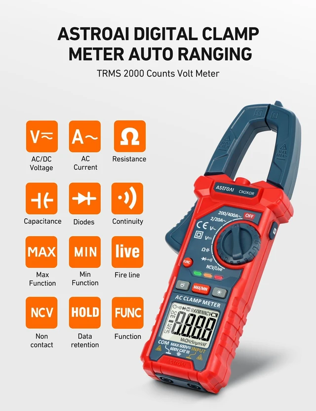 Alt view image 9 of 14 - Digital Clamp Meter Multimeter 2000 Counts Amp Voltage Tester Auto-ranging with AC/DC Voltage, AC Current, Resistance, Capacitance, Continuity, Live Wire Test, NCV, Blue