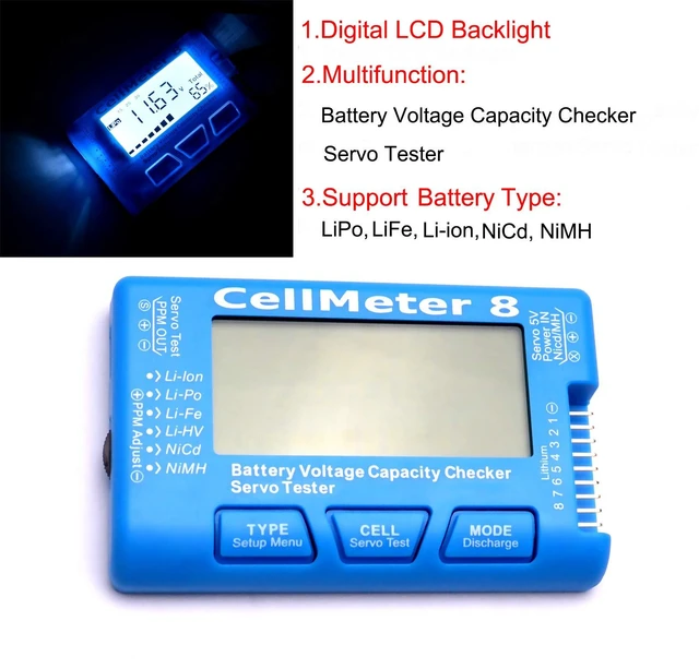 Alt view image 10 of 14 - RC CellMeter 8 Digital Battery Capacity Checker Battery Voltage Tester LCD Backlight for LiPo Life Li-ion NiMH Nicd