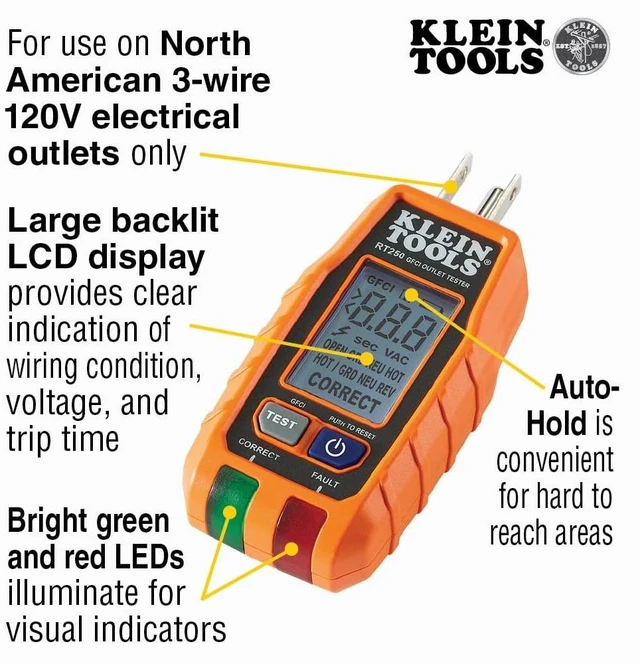 Alt view image 9 of 14 - RT250 GFCI Outlet Tester with LCD Display, Electric Voltage Tester for Standard 3-Wire 120V Electrical Receptacles