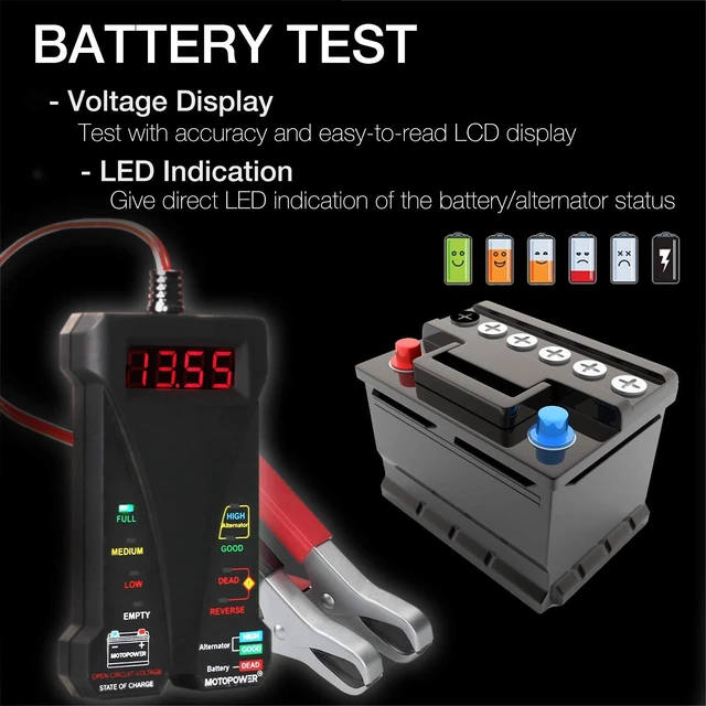 Alt view image 9 of 12 - MP0514A 12V Digital Car Battery Tester Voltmeter and Charging System Analyzer with LCD Display and LED Indication - Black Rubber Paint