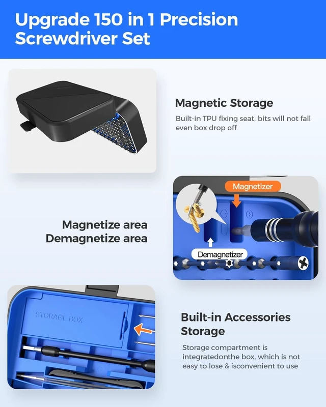 Alt view image 11 of 14 - Precision Screwdriver Set, 150 in 1 Electronics Tool Kit with 120 Bits Magnetic Screwdriver Set & 30-Bit Magnetic Set Handy Repair Tool for Computer Phone Watch Camera Laptop, Blue