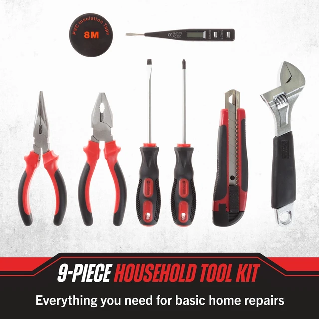 Alt view image 10 of 14 - Household Hand Tools - 9-Piece Tool Set Includes Adjustable Wrench, Screwdriver, Pliers, and More - Tool Kit for the Home, Office, and Car
