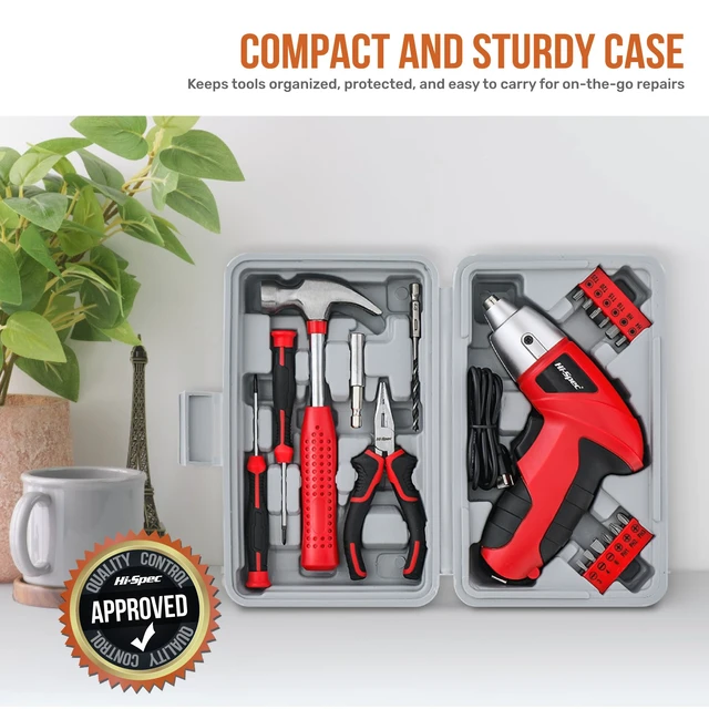 Alt view image 14 of 14 - 19pc 3.6V USB Small Power Screwdriver & Home DIY Tool Kit Set. Cordless & Rechargeable Electric Screwdriver and Compact Hand Tool Box Set,Red