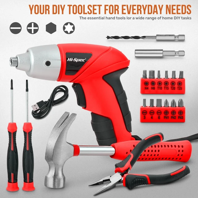 Alt view image 9 of 14 - 19pc 3.6V USB Small Power Screwdriver & Home DIY Tool Kit Set. Cordless & Rechargeable Electric Screwdriver and Compact Hand Tool Box Set,Red