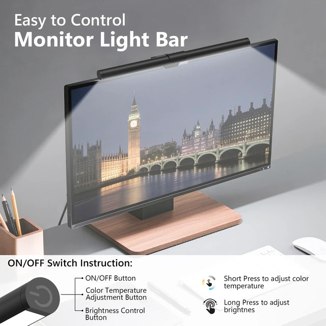 Alt view image 10 of 14 - Monitor Light Bar, Eye-Care USB Reading Mnitor lamp, 11.8'' LED Computer Lights with Ultrawide Lighting, 3 Color Temperature Dimmable Desk Light for Home Office Gaming