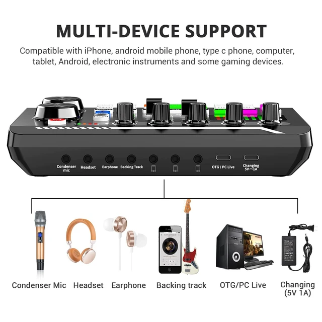 Alt view image 11 of 14 - F998 Live Sound Card Audio Mixer, Podcast Audio Interface with DJ Mixer Effects, Voice Changer with Sound Effects for PS4 PS5 Karaoke Tiktok YouTube Live Streaming Record Gaming