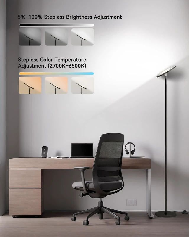 Alt view image 9 of 14 - LED Floor Lamp Super Bright Torchiere with Remote & Foot Switch, Stepless Dimmable Tall Standing Lamp, 69" Modern Pole Light for Corner, Living Room, Bedroom, Reading, Office