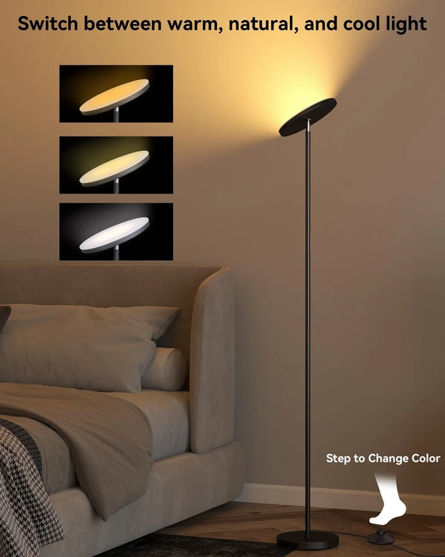 Alt view image 10 of 14 - LED Floor Lamp Super Bright Torchiere with Remote & Foot Switch, Stepless Dimmable Tall Standing Lamp, 69" Modern Pole Light for Corner, Living Room, Bedroom, Reading, Office