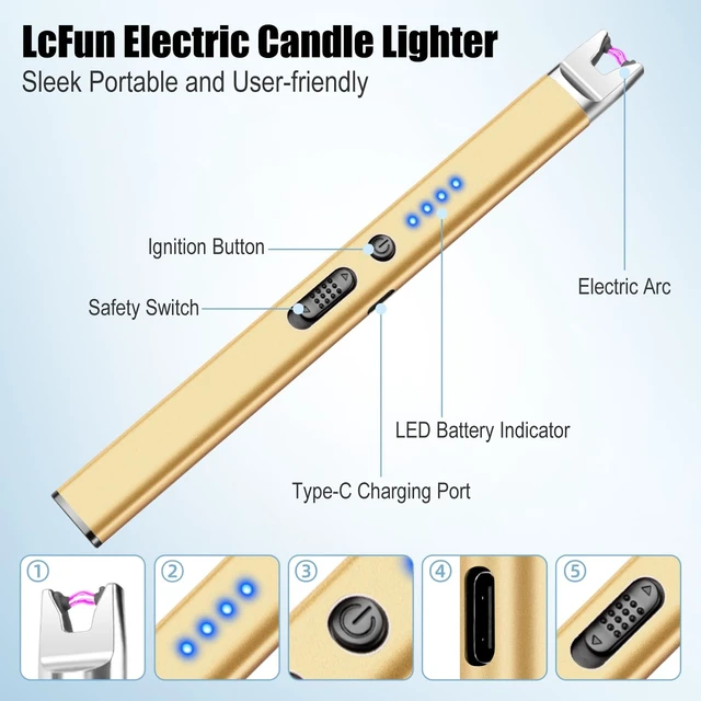 Alt view image 10 of 14 - 3 Pack Candle Lighters USB Rechargeable Electric Lighters Long Stem | Windproof Flameless Arc,Safety Lock,Battery Indicator,Long Stick Matches for Candle,Grill,BBQ,Gas Stoves (Black,Silver,Gold)