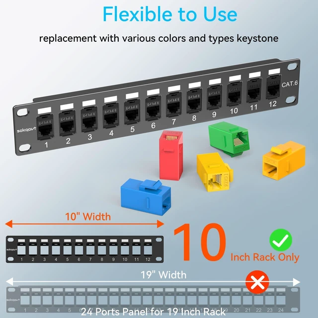 Alt view image 11 of 12 - Mini Patch Panel 12 Port Cat6 with Coupler Keystone, Cat6 Network Panel 10G No Punch Down, Time-Saver Ethernet 1U Rj45 Panel, Rackmount 10 Inch Coupler Patch Panel