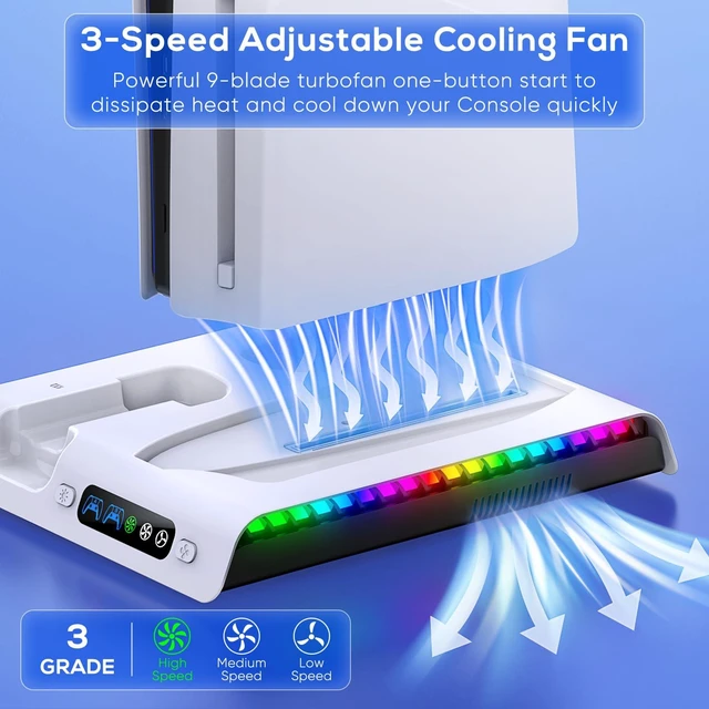 Alt view image 9 of 14 - Charging Stand with Cooling Fan for PS5 Original/Slim/Pro, Dual Controller Charger Station with 9 RGB Lights, Headset Hook, 3 Cooler Fans and LED, Accessories Kit for PS5/Slim/Pro Console