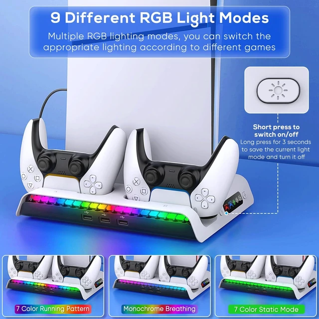 Alt view image 11 of 14 - Charging Stand with Cooling Fan for PS5 Original/Slim/Pro, Dual Controller Charger Station with 9 RGB Lights, Headset Hook, 3 Cooler Fans and LED, Accessories Kit for PS5/Slim/Pro Console