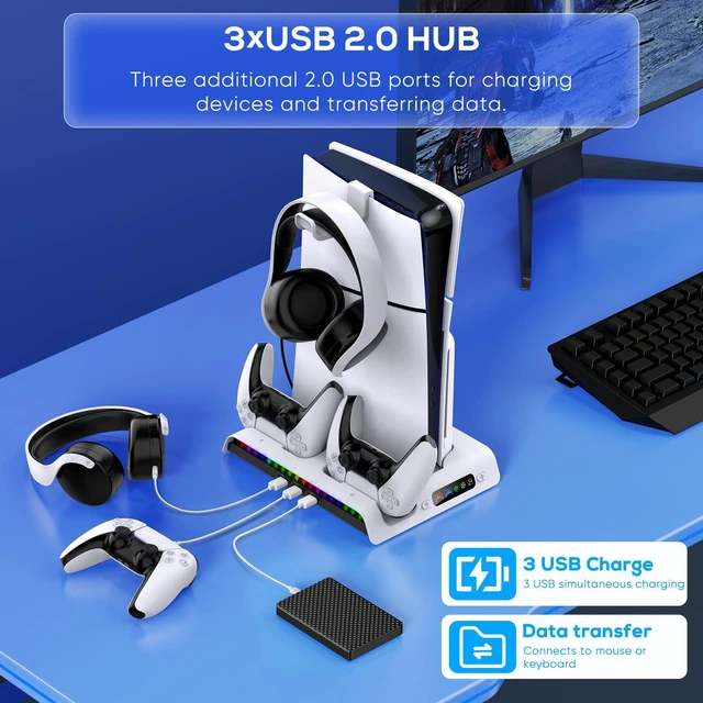 Alt view image 13 of 14 - Charging Stand with Cooling Fan for PS5 Original/Slim/Pro, Dual Controller Charger Station with 9 RGB Lights, Headset Hook, 3 Cooler Fans and LED, Accessories Kit for PS5/Slim/Pro Console