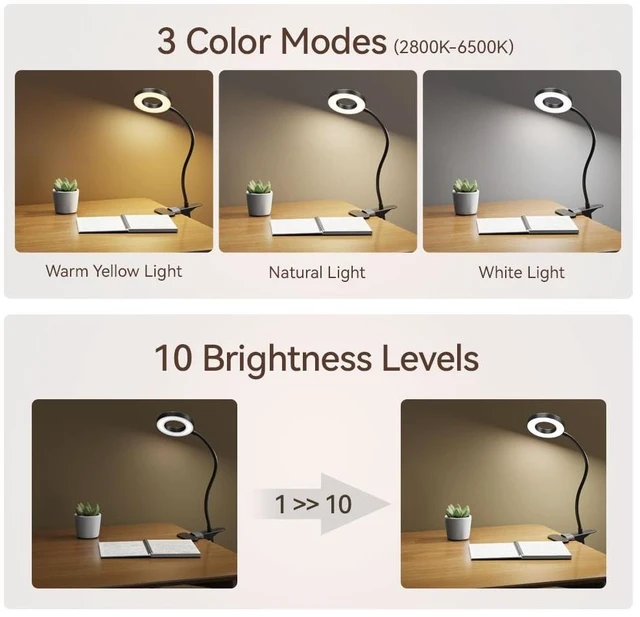 Alt view image 9 of 14 - LED Desk Lamp Clip on Light with 3 Color Modes 10 Brightness Ring/Clamp Light 360° Adjustable Neck Dimmable Eye Protection Desk Lamps for Home Office