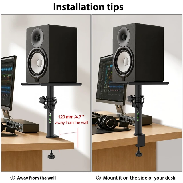Alt view image 10 of 14 - Pair of Desktop Speaker Stands Clamp-on Studio Monitor Stands Height Adjustable 9"-14" Desk Mount Speaker Riser Speaker Stands Home Audio