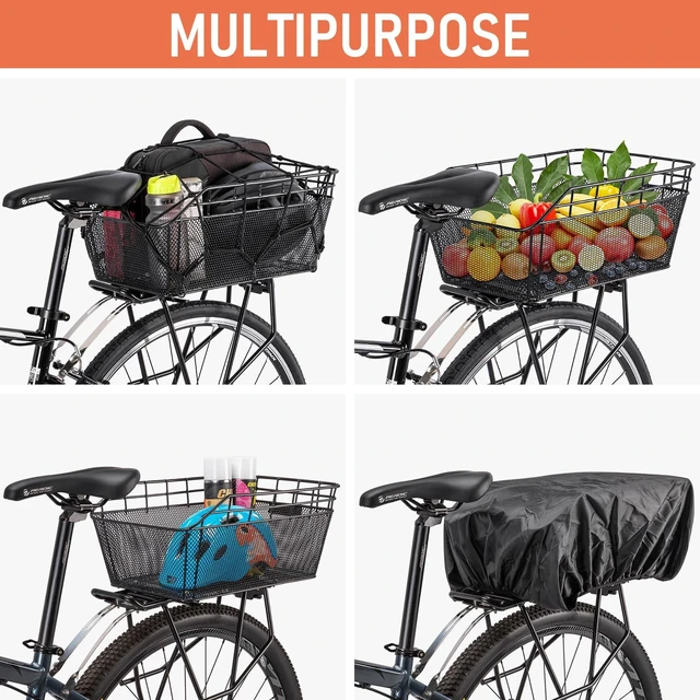 Alt view image 11 of 14 - Rear Bike Basket - Large Bicycle Rear Basket with Cargo Net and Waterproof Cover, Wire Bike Baskets Rear Large Capacity (NO Bike Rack Included)