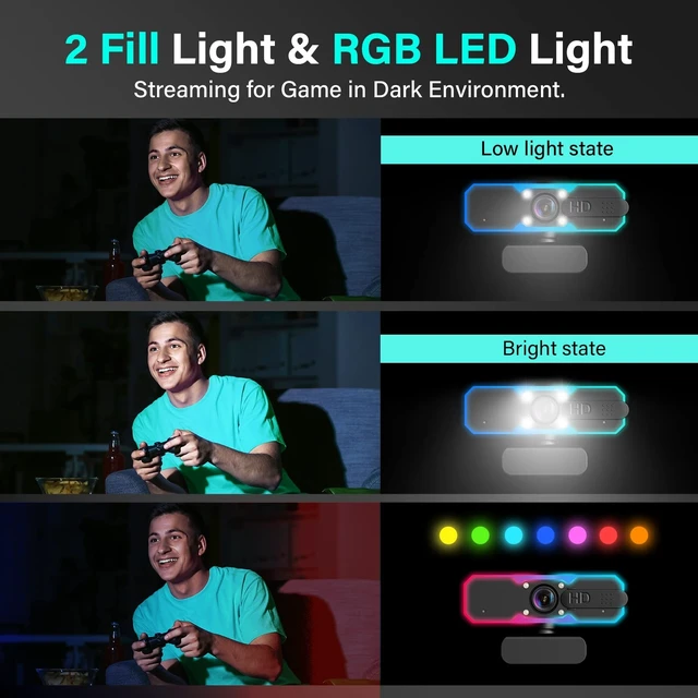 Alt view image 9 of 14 - 1080P 60FPS Streaming Camera Webcam with Microphone and Fill RGB Light,Autofocus,Work with Laptop/Desktop Computer/Winsdows/Mac OS/PC Computer for Camera