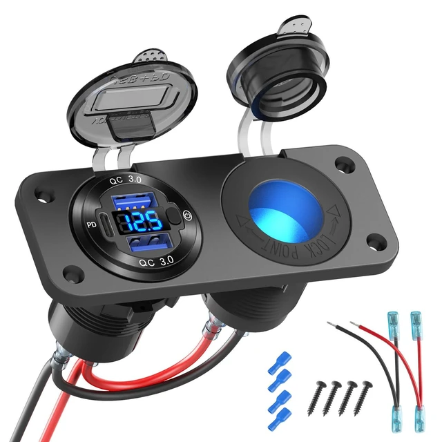 Alt view image 8 of 14 - 12V USB Outlet Marine Switch Panel Plug, PD3.0 and Dual QC3.0 USB Ports Aluminum Car Charger with LED Voltmeter Power Switch, Lighted 150W Cigarette Lighter Socket 2 in 1 DIY Kit for Boat RV ATV, etc.