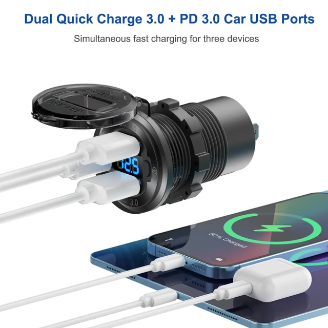 Alt view image 9 of 14 - 12V USB Outlet Marine Switch Panel Plug, PD3.0 and Dual QC3.0 USB Ports Aluminum Car Charger with LED Voltmeter Power Switch, Lighted 150W Cigarette Lighter Socket 2 in 1 DIY Kit for Boat RV ATV, etc.