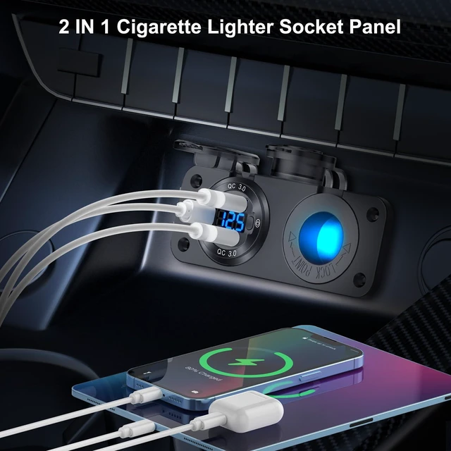 Alt view image 14 of 14 - 12V USB Outlet Marine Switch Panel Plug, PD3.0 and Dual QC3.0 USB Ports Aluminum Car Charger with LED Voltmeter Power Switch, Lighted 150W Cigarette Lighter Socket 2 in 1 DIY Kit for Boat RV ATV, etc.