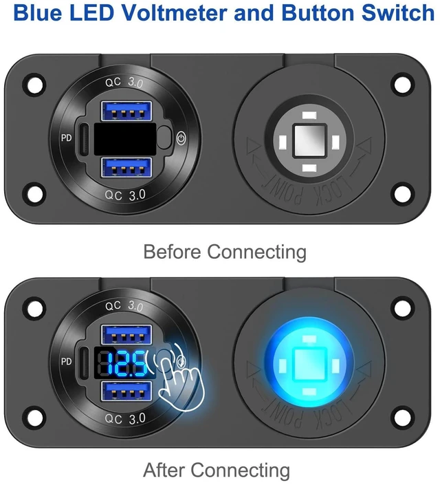 Alt view image 11 of 14 - 12V USB Outlet Marine Switch Panel Plug, PD3.0 and Dual QC3.0 USB Ports Aluminum Car Charger with LED Voltmeter Power Switch, Lighted 150W Cigarette Lighter Socket 2 in 1 DIY Kit for Boat RV ATV, etc.