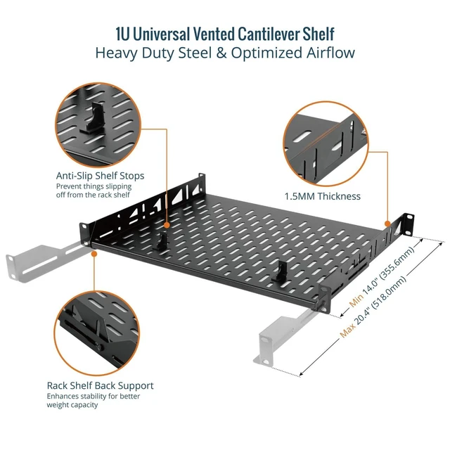 Alt view image 10 of 14 - 1U Rack Shelf,19 inch Rack Shelf 14 inch Depth,Rack Mount Shelf with Anti-Slip Stops,Server Rack Shelf and Network Shelf for 19in Equipments, 110lbs Capacity of Vented 1U Shelf,No Lip(2 Pack)