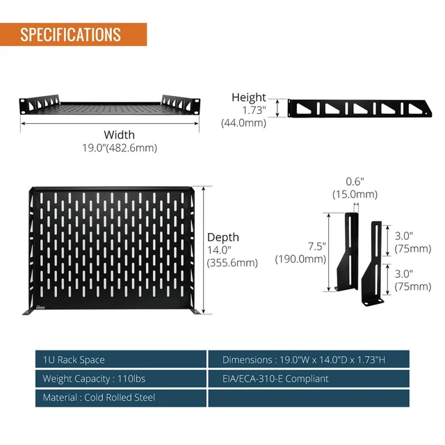 Alt view image 9 of 14 - 1U Rack Shelf,19 inch Rack Shelf 14 inch Depth,Rack Mount Shelf with Anti-Slip Stops,Server Rack Shelf and Network Shelf for 19in Equipments, 110lbs Capacity of Vented 1U Shelf,No Lip(2 Pack)