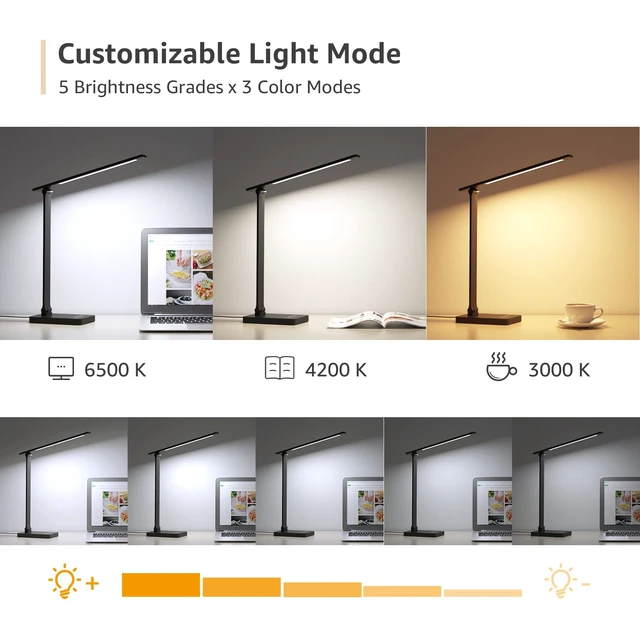 Alt view image 12 of 14 - LED Desk Lamp with USB Charging Port,650LM Dimmable Home Office Touch Control Reading Table Lamp,5 Color Modes with 5 Brightness,College Dorm Room Essentials, Eye Caring, Sewing, Crafting, Black