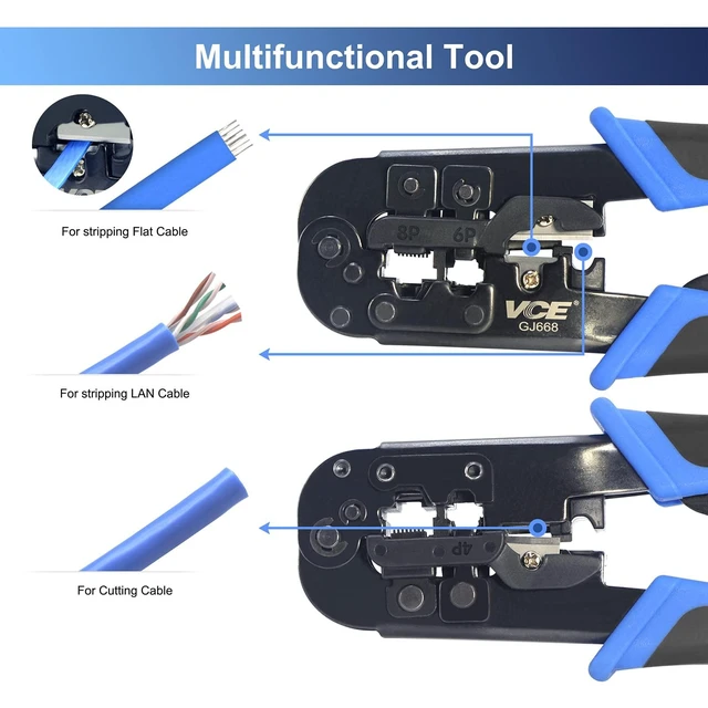 Alt view image 10 of 14 - RJ45 RJ11/RJ12 RJ22 Ethernet Crimp Tool Crimper Cutter Stripper All-in-one Multi-Tool for Network Telephone Cat3 Cat5 Cat5e Cat6 Cat6A Modular Connector Plug Cables