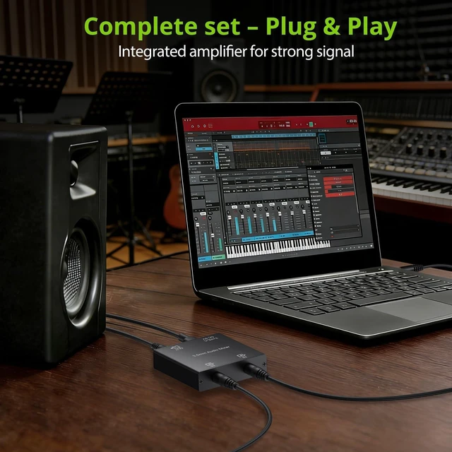 Alt view image 13 of 14 - 3.5mm Audio Mixer, 2-Channel Active Stereo Audio Mixer with Gold-Plated Connectors, Dual Input to Single Output, USB-C Powered, Plug & Play for PC, Phone, Tablet, MP3, Echo Dot