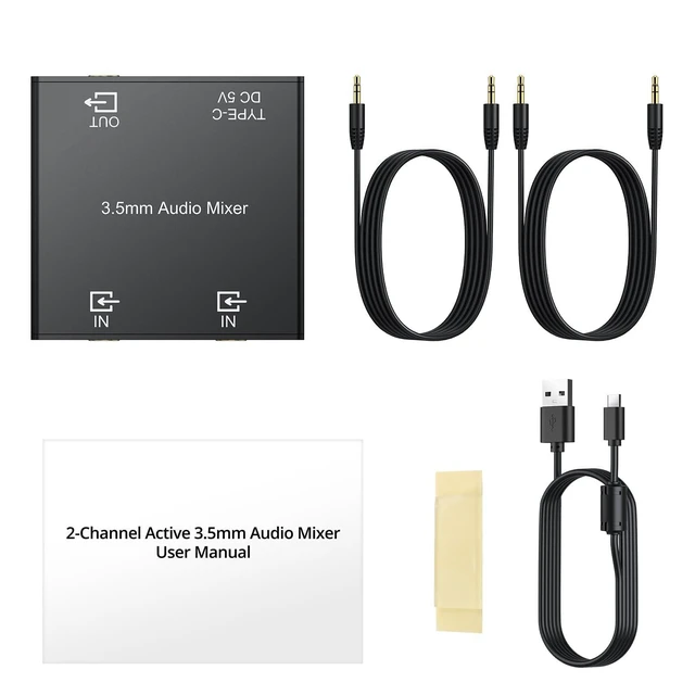 Alt view image 14 of 14 - 3.5mm Audio Mixer, 2-Channel Active Stereo Audio Mixer with Gold-Plated Connectors, Dual Input to Single Output, USB-C Powered, Plug & Play for PC, Phone, Tablet, MP3, Echo Dot