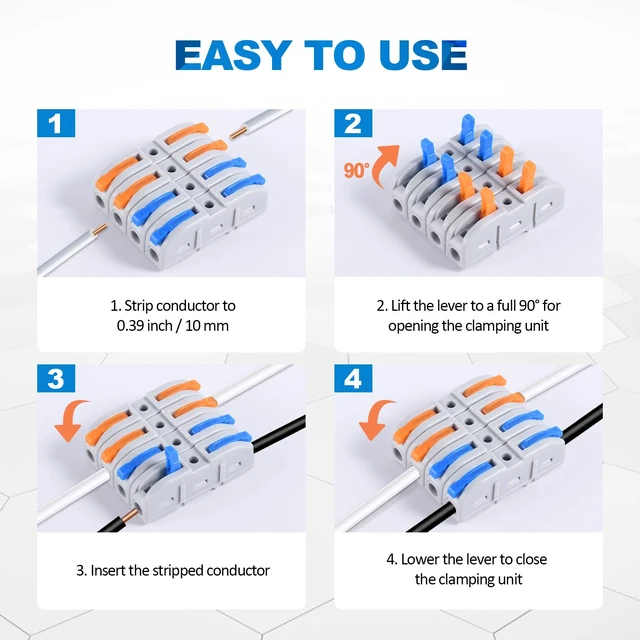 Alt view image 10 of 14 - Lever Wire Connectors, 60-Piece Quick Connect Electrical Splicing Kit for Compact Inline Terminals - 28-12 AWG, 1 in 1 Out (Multicolored, 60)